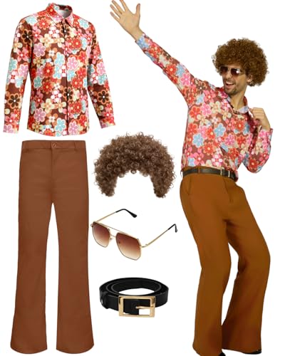 70s Disco Outfits for Men 70's Retro Clothes Shirt Bell Bottom Pants Vintage Hip Hop Costume with Wig Accessories Orange L