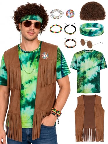 APHBPT 70s Outfits for Men - 10 Pcs Hippie Costume with Tie Dye Shirt, Fringe Vest & Accessories,60s/70s Retro Party Clothes (Green, 2XL)