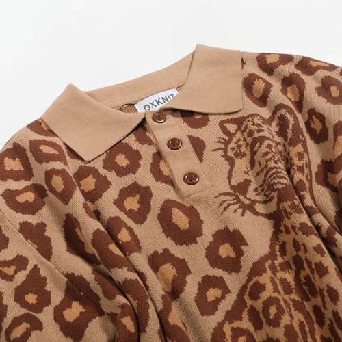 OXKNIT Knit Polo Shirt for Men, 1960s Retro Leopard Print Brown Shirt Quarter Button Down Short Sleeve Men's Clothing