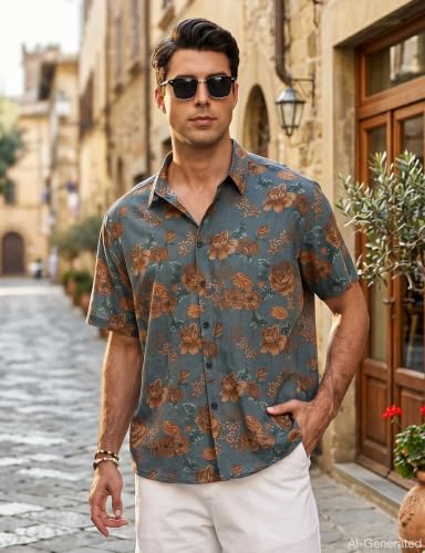 TIXMIE Mens Floral Hawaiian Shirt Short Sleeve Button Down Retro Shirts