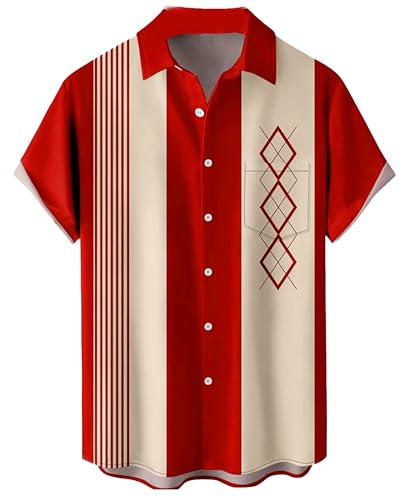 Hodaweisolp Retro Bowling Shirts for Men 50s Button Up Shirt Short Sleeve Cuban Style Camp Shirt Red Geometric-XXL