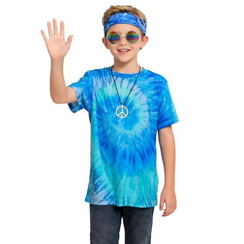 FechDitchly Retro 60s 70s Hippie Boys Costume Set 4Pcs Disco Party Outfit with Tie-Dye Shirt, Peace Necklace for Kids Ages 4-12 Years (Blue, S)