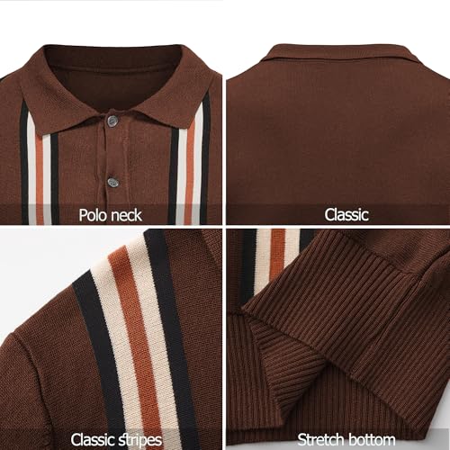 Mens Vintage Knit Shirts – 70s Short Sleeve Polo Shirts for Men – Retro Knit Button Down Shirt – Old Money Clothes Men Coffee Brown