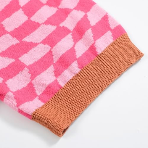 OXKNIT Men's Knitted Retro Poloshirt, 1960s Mod Style Vintage Plaid Shirt with Animal Pattern Rose Red
