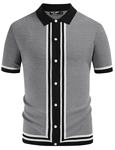 Men's Retro Polo Shirts Vintage Stripes Lapel Collar Knit Shirts Black S