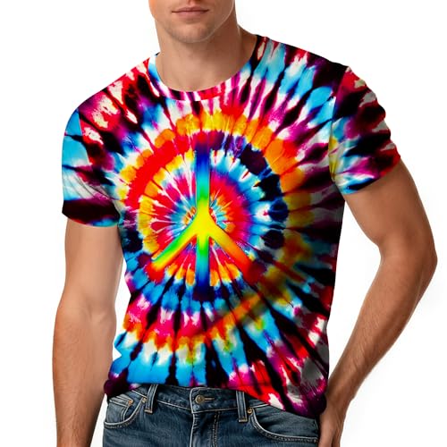 Harycnct Rainbow Peace Tie Dye Shirts Mens Funny Retro Neon Symbol Tie-Dye Tshirt Outfit 60S 70S Hippies Colored Tiedye Tee Tops Clothes Medium