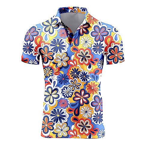 ZePinger Hippie Flower 70s Shirts for Men - Retro Short Sleeve Golf Shirt