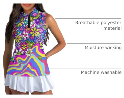 POLERO Women 70s Golf Shirts Sleeveless Half Zip Dry Fit Golf Tops Groovy Hippie Flower Tennis Shirts Retro Floral Athletic Tank Tops Size L