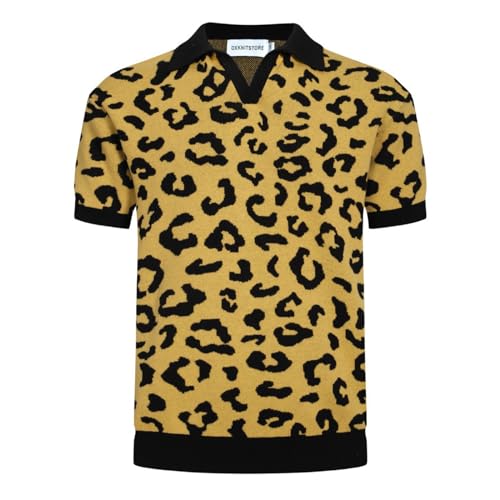 OXKNIT Men's Retro Polo Shirts 1960s Mod Style Vintage Shirts Knitted Polo Shirts V-Neck Leopard Shirt