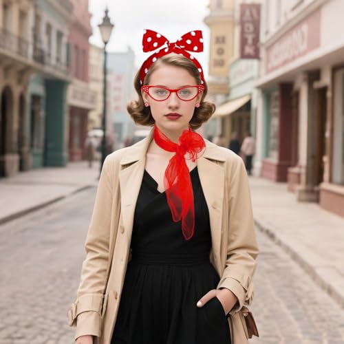 Sdfvsdg 50s Set 50's Costume Accessories Chiffon Scarf Cat Eye Glasses Bandana Tie Headband Earrings for Cosplay Party