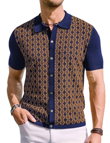 Men's Vintage 70s Polo Shirts Casual Short Sleeve Bowling Shirt Navy/Gold M