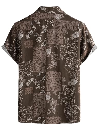 PARKLEES Men's 70s Hippie Vintage Hawaiian Shirt Brown Flower XL