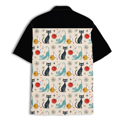 Retro Cat Bowling Vintage-Inspired 80s Hawaiian Shirts for Men 90s Hawaiian Shirts Short Sleeve Button Down Shirt