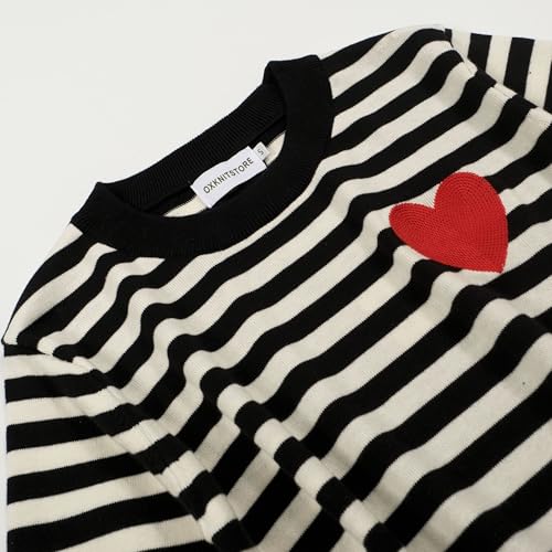 OXKnit Women's Knit Black Stripes Short Sleeve, 1960s Retro Heart Pattern Crewneck Casual T-Shirts