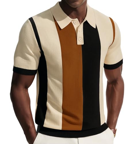 PJ PAUL JONES Mens Polo Shirts Short Sleeve Vintage Knit Polo Casual Collared Business Dress Shirt Apricot L