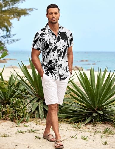 COOFANDY Short Sleeve Button Down Shirt for Men Hawaiian Aloha Shirts Casual Beach Shirt Vintage Bowling Shirts Black