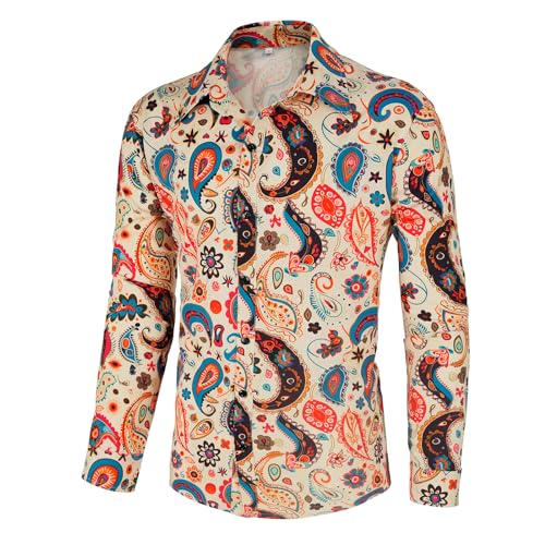 Eunchaes Men 70s Disco Shirt Floral Paisley top retro costume(Z3737YE,3XL)