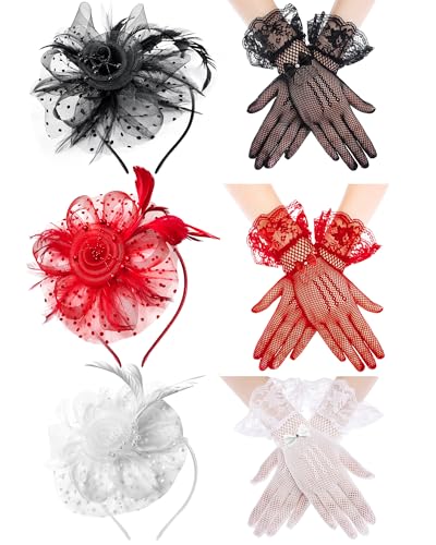 Bnsikun 50s Fascinators Hat Set for Women Tea Party Headwear Lace Bowknot Gloves Pearl Jewelry Set Wedding Cocktail (Black)