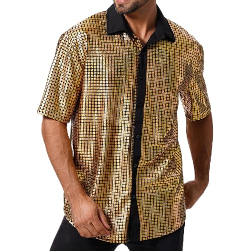 EFOWAY Men Sequin 70s Disco Shirt, Metallic Short Sleeve Button Down Shirts