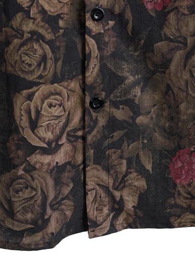 LucMatton Men's 70s Hawaiian Shirt Vintage Print Short-Sleeve Button-Down Shirts for Summer Vacation & Beach Black Antique Rose Large