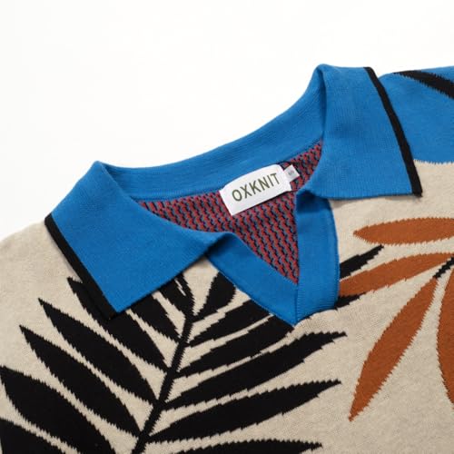 OXKNIT Men's Knit Short Sleeve Shirts Vintage Bird and Plants Pattern Knitted Polo Shirt Blue and Beige V-Neck Polo