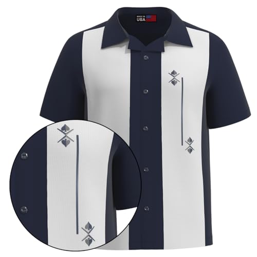 USA Made Lucky Paradise Mens Camp Shirt, Gauyabera Vintage Cuban Style Bowling Shirt Navy, White Button Up Retro Blue Ice
