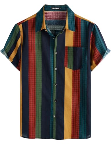 PARKLEES Men's Linen 70s Hippie Style Floral Print Shirt Short Sleeve Button Down Hawaiian Shirts Colorful Stripe Medium