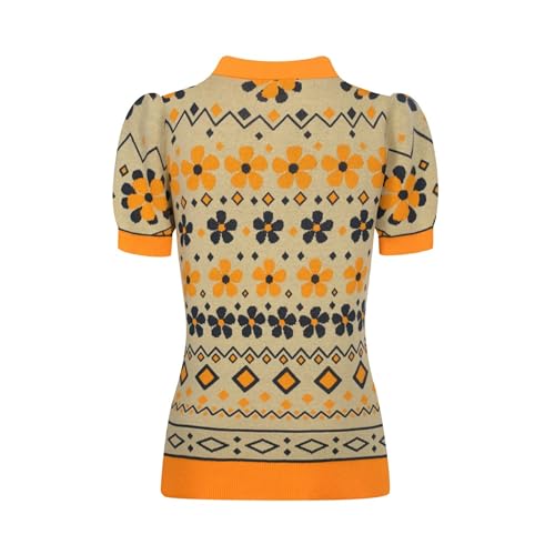OXKNIT Women's Knit Polo Shirts 1960s Vintage Cat Jacquard Casual V-Neck Top with Puff Sleeves Orange