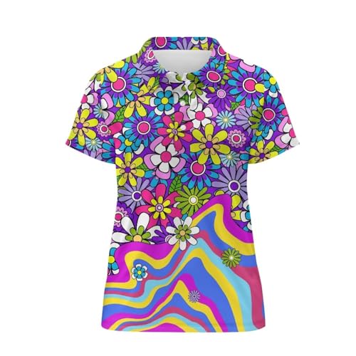 POLERO 70s Women's Golf Shirts Hippie Floral Workout Tops for Women Short Sleeve Collared Tennis Wear Moisture Wicking Groovy Retro Activewear Size L