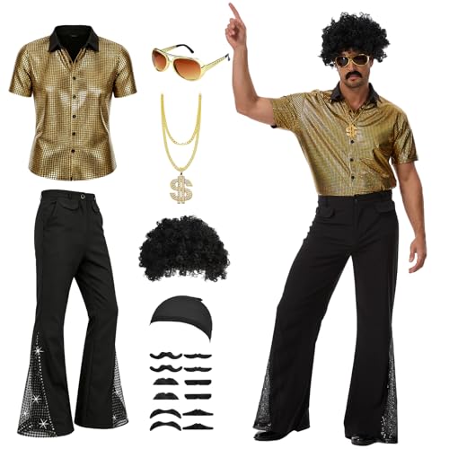 YIGMAW 70s Outfits for Men Disco Costume 7 Pcs - Mens 70s Outfit with Short Sleeve Shirt Bell Bottom Pants for 1970s Halloween Party (Gold, S)