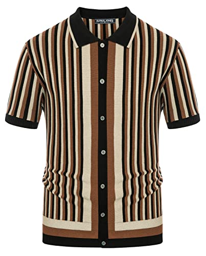 Old Men Striped Knit Polo Shirts Regular Fit 1970s Retro Shirt Casual Collared Italian Stylish Polos Short Sleeve Tops Black-Coffe