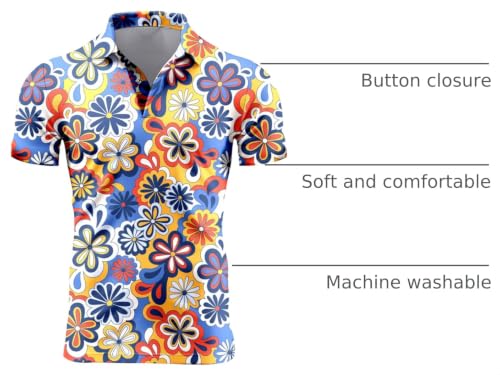 ZePinger Hippie Flower 70s Shirts for Men - Retro Short Sleeve Golf Shirt