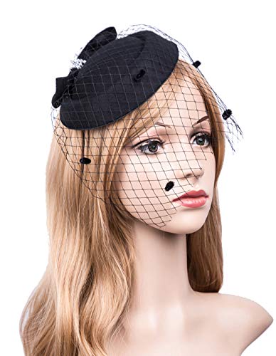Fascinators Hats 20s 50s Hat Pillbox Hat Cocktail Tea Party Headwear with Veil for Girls and Women(C-Black)