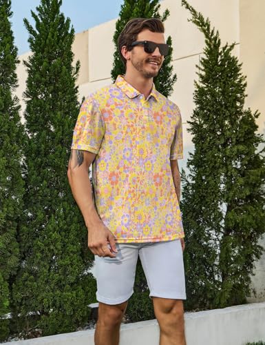 70s Flowers Polo Shirt for Men 70s Golf Shirts Short Sleeve Golf Polos Shirts Retro Floral Shirt 2XL