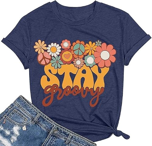 Retro Stay Groovy Shirt Women Floral Graphic Tee Hippie Vintage 70s Disco Peace Casual Short Sleeve Top Blue S