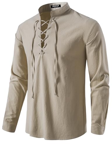JEMITOP Men's Pure Cotton Renaissance Lace Up Shirt Khaki XXL