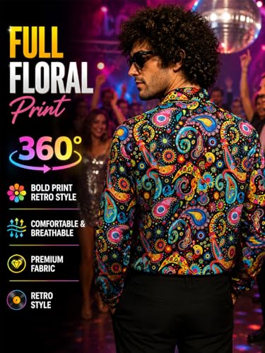 Dicxoser Men's 70s Disco Shirt (US, Alpha, Large, Regular, Regular, Orange)