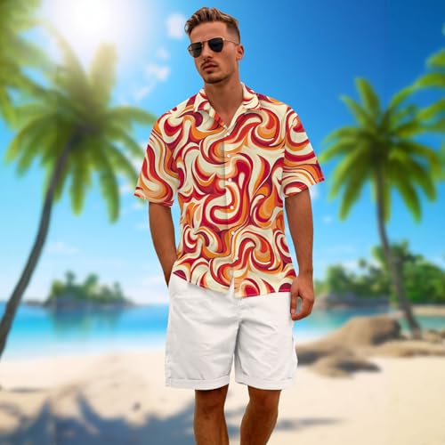 70s Mens Funny Hawaiian Shirt Retro Pattern Beach Tropical Short Sleeve Holiday Aloha Shirt Casual Button Down Shirt Orange