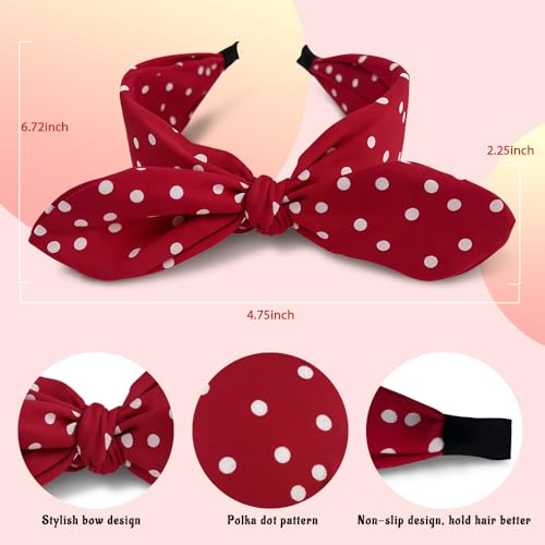 ELLOPH 6Pcs Polka Dot Headbands for Women with Adjustable Bow Classic Rosie The Riveter Headband Wide Knotted Hairband for 1950s Pin Up Outfits Cute Polka Dot Hair Accessories for Daily Workouts