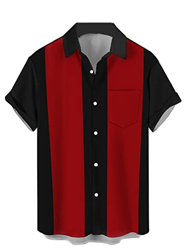 QIVICIMA Mens Flamingo Color Block Bowling Shirt, Black Red, L