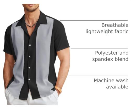 COOFANDY Men's Retro 50s Bowling Shirts Casual Button Down Short Sleeve Hawaiian Shirts Black Dark Gray