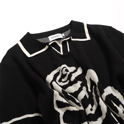 OXKNIT Men's Knit Polo Shirts, 1960s Mod Style Retro Rose Pattern Short Sleeves Casual V-Neck Short Shirts, Black