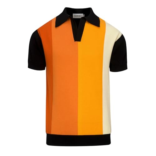 OXKNIT Men's Knit Short Sleeve Shirts 1960s Vintage Gradient Stripes Knitted Polo Shirt Black V-Neck Cotton Mens Polo