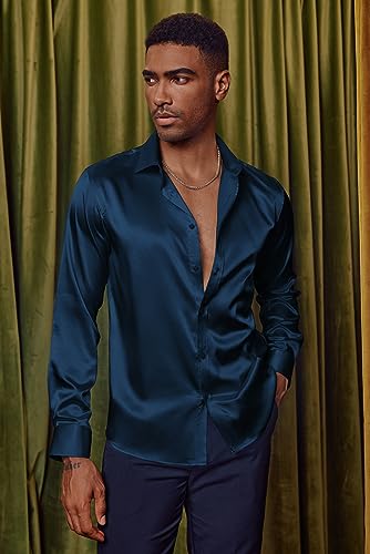 PJ PAUL JONES Mens 70s Disco Shirts Luxury Satin Silk Like Dress Shirt with Bow Tie Wedding Party Shirts Navy Blue L
