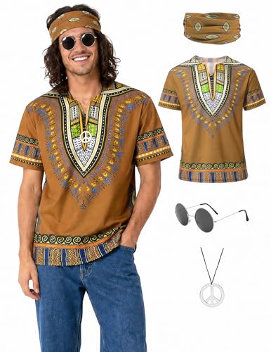 Inrajoper Mens 60s 70s Outfits 4 Pcs Hippie Costume T-Shirt Set Brown L