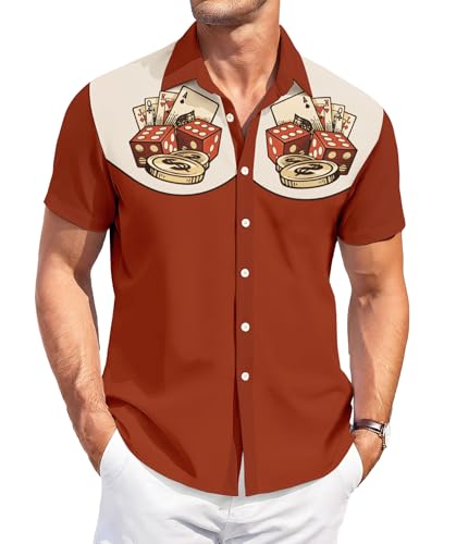DADDYLOCO Retro Casino Bowling Shirt, Dice and Cards Print, Short Sleeve Button Down, Rust Orange