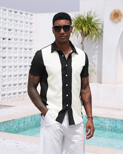 Aiyino Mens Vintage Bowling Shirt Retro Striped Button Down Beach Top Black