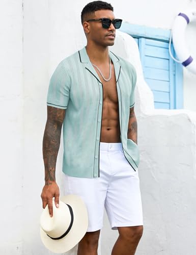 gigkik Men's Knit Button Down Shirt Short Sleeve Vintage Knitted Striped Summer Beach Tops Light Green S