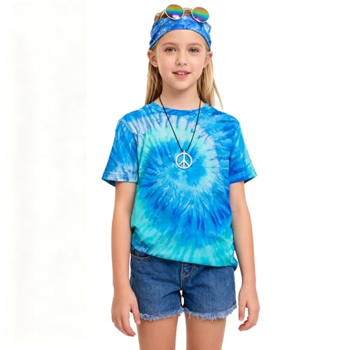 FechDitchly Retro 60s 70s Hippie Boys Costume Set 4Pcs Disco Party Outfit with Tie-Dye Shirt, Peace Necklace for Kids Ages 4-12 Years (Blue, S)