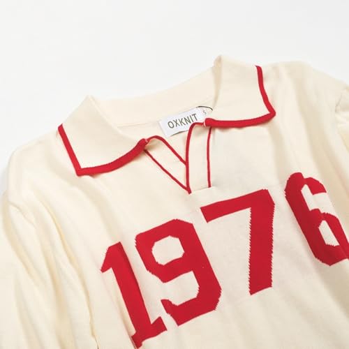 OXKNIT Men's Knit Polo Shirts, 1960s Mod Style Retro Words White Short Sleeves Casual V-Neck Short Shirts
